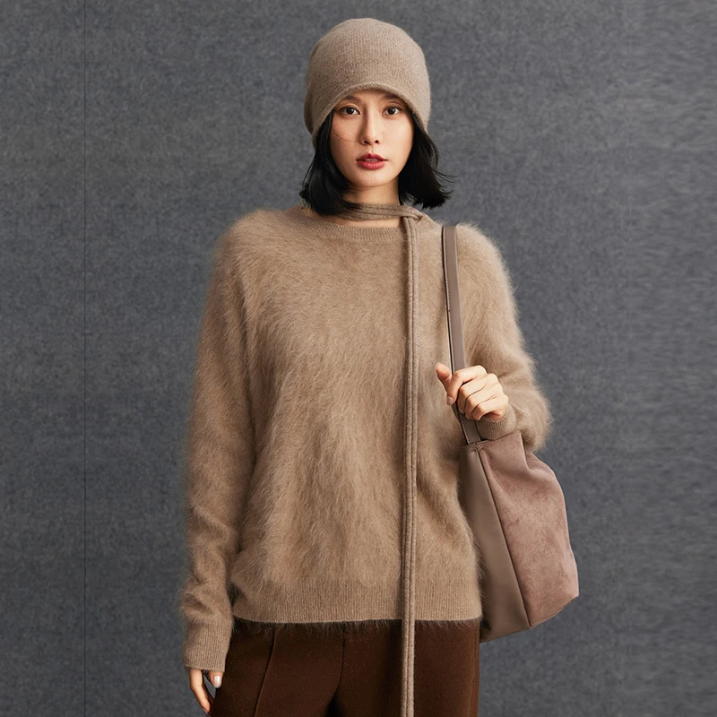 

Women 100% Cashmere Brushed Sweater Round Collar Pullover Autumn Winter Cashmere Knitted Soft Warm Clothing Luxury Knitwear Tops