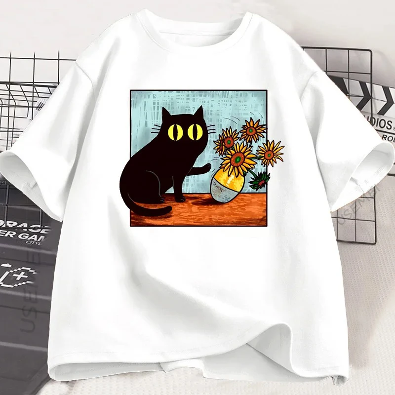 كارتون القط الجرافيك تي شيرت مؤذ القطة السوداء زهرة طباعة جولة الرقبة قصيرة الأكمام المرأة اليومية العصرية تي شيرت الشارع الشهير