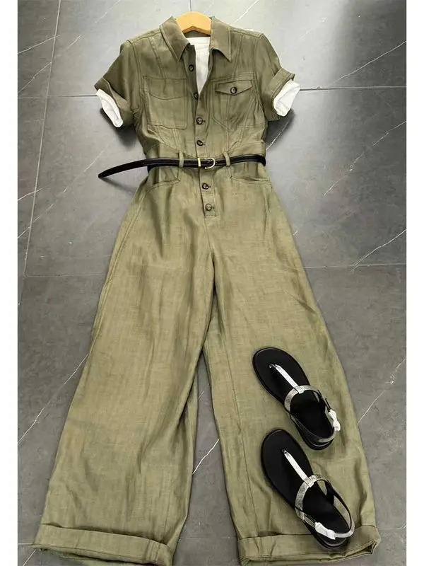 

New Summer High End Green Cargo Jumpsuit Women Casual Lapel Short Sleeve Solid Color Wide Leg Pants Jumpsuits With Belt