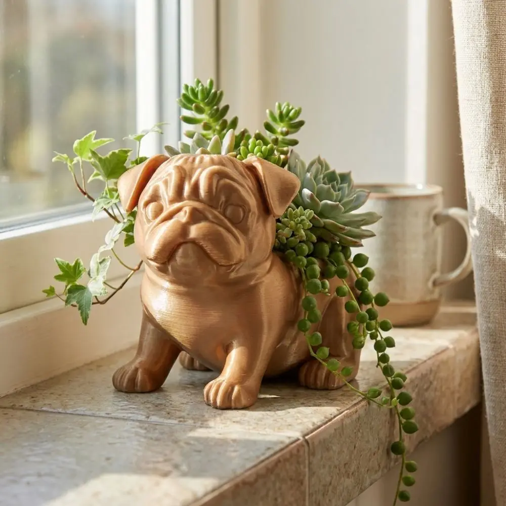 3D Printed Pug Shaped Planter Pot Plastic Minimalist Animal Shaped Pot Funny Handmade Storage Flower Pot Balcony Terrace