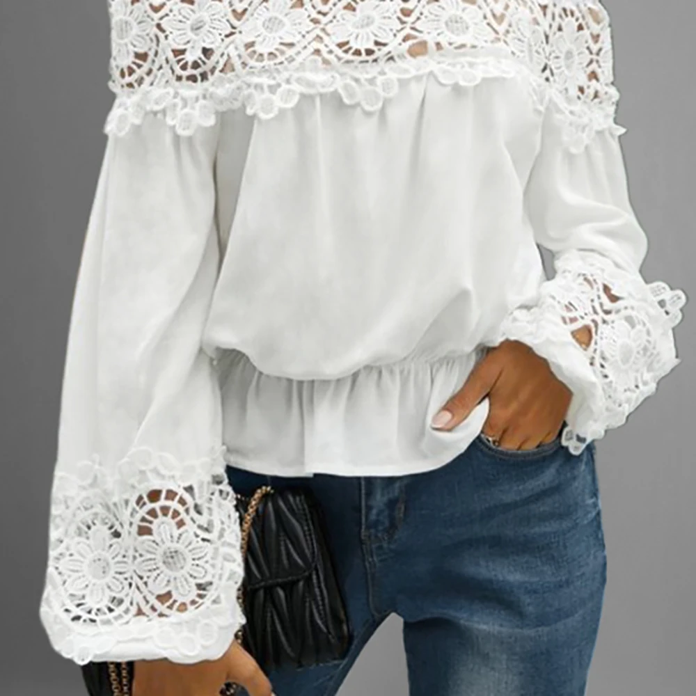 Elegant Lace Patchwork Off Shoulder Women Blouse Hollow Out Lantern Sleeve Blouse Loose White Pullover Fashion Streetwear Blouse