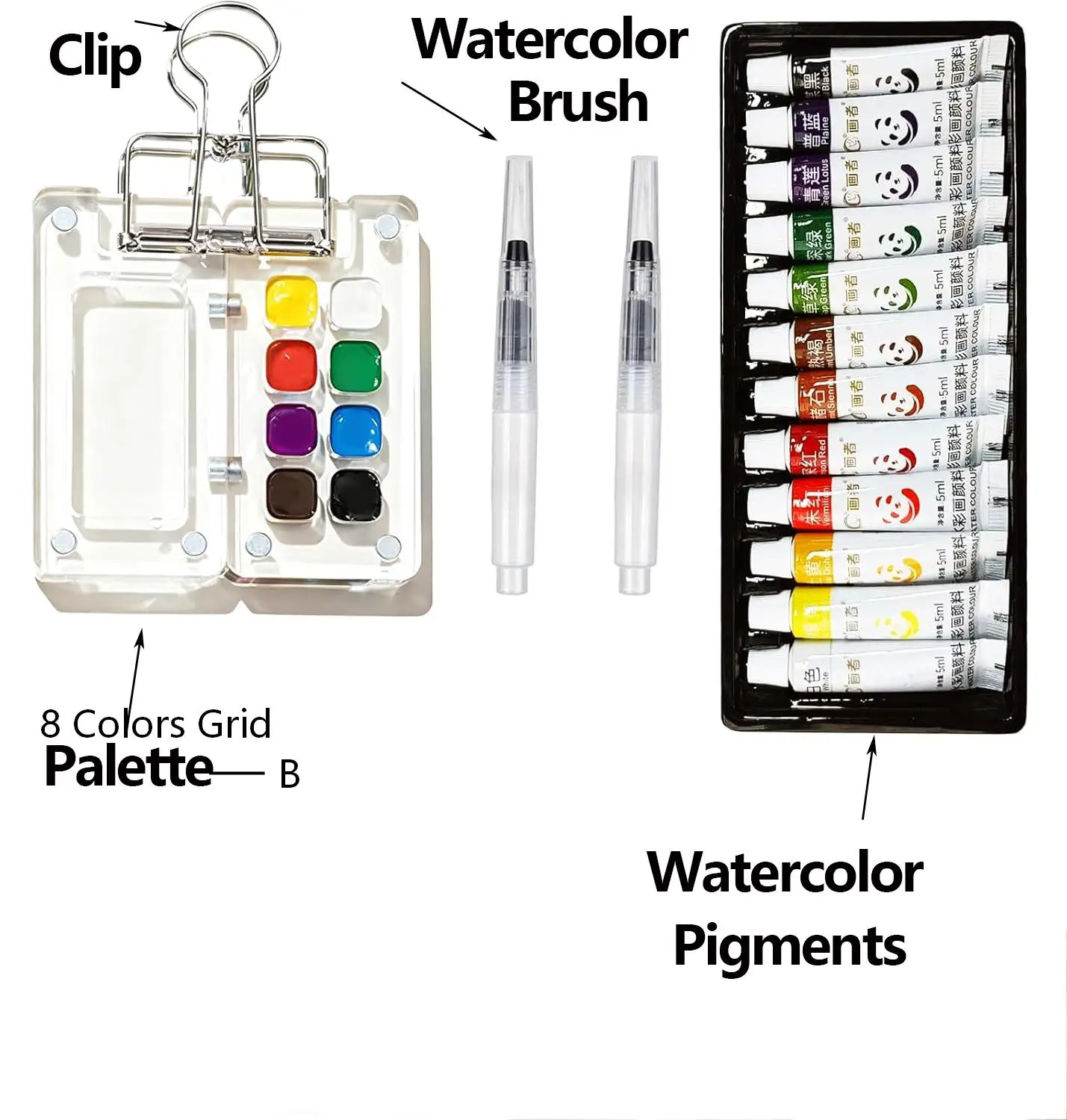 12 Farben Aquarell-Pigmente Malset mit 15-Fächer/8-Fächer tragbarer Aquarellpalette, Mischpalette mit Clip und Pinseln – Detail 3