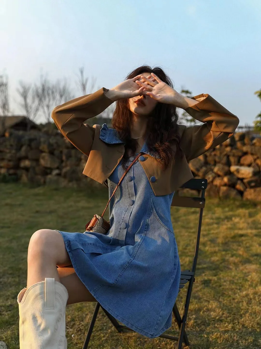 

Retro Women Spring Summer Denim Set Khaki Turn Down Collar Short Suit Jacket + Slim Slip Dress 2Pcs French Style Lady Streetwear