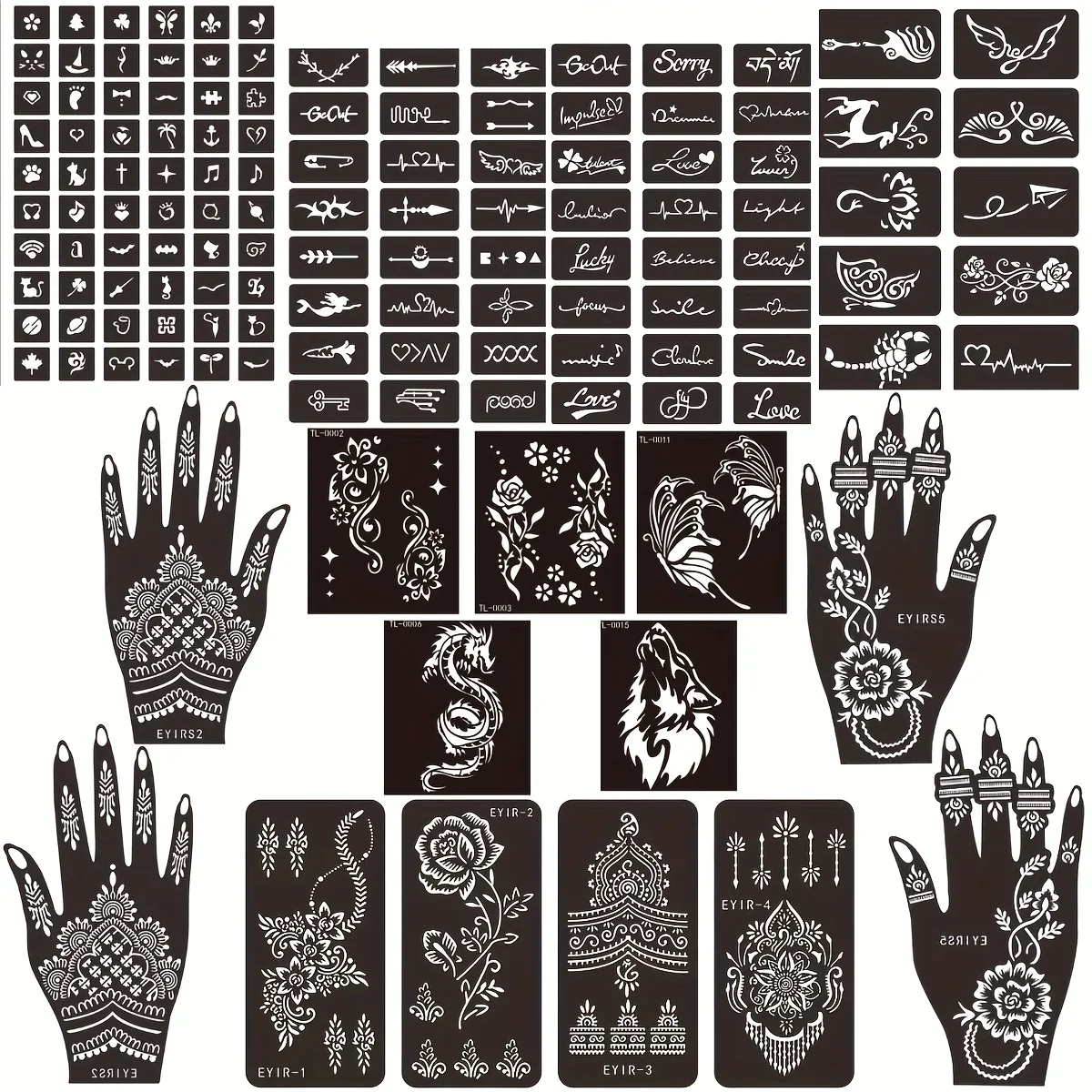 Henna-Tattoo-Schablonen-Set Selbstklebende Handvorlagen Wiederverwendbare Temporäre Tattoo-Körperkunst DIY-Design-Kit für Hochzeit und Party – Detail 1