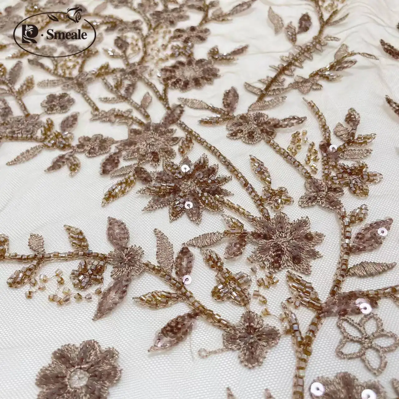 9 Farben Blumen Spitzenstoff Hochzeitskleid Material, Pailletten Perlen 3D Stoff zum Selbermachen Nähen. – Detail 3