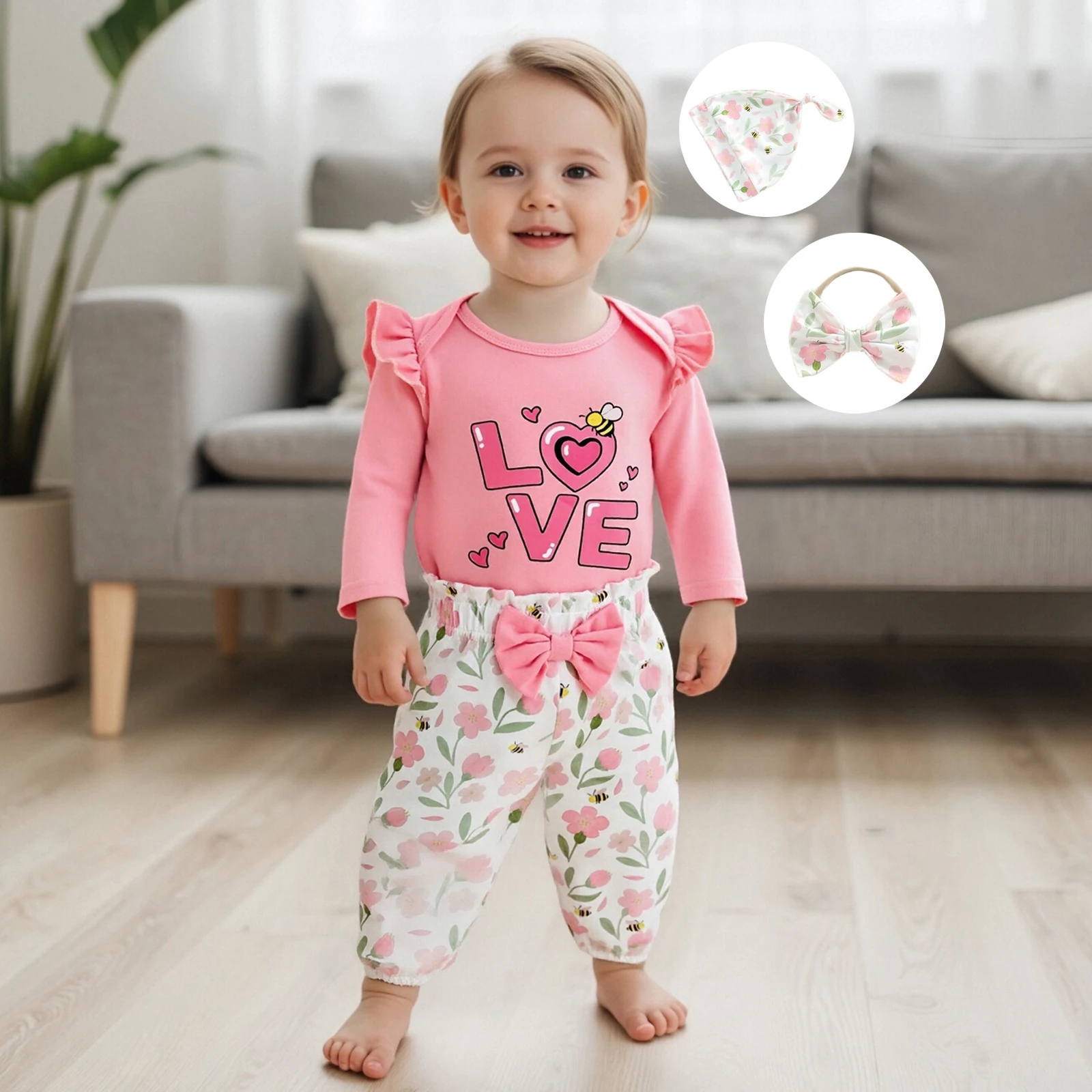 

Одежда для малышей, наряд на день Святого Валентина для девочек, комбинезон с длинными рукавами и принтом в виде сердца, штаны с цветочным принтом, кепка и повязка на голову с бантом, комплект из 4 предметов