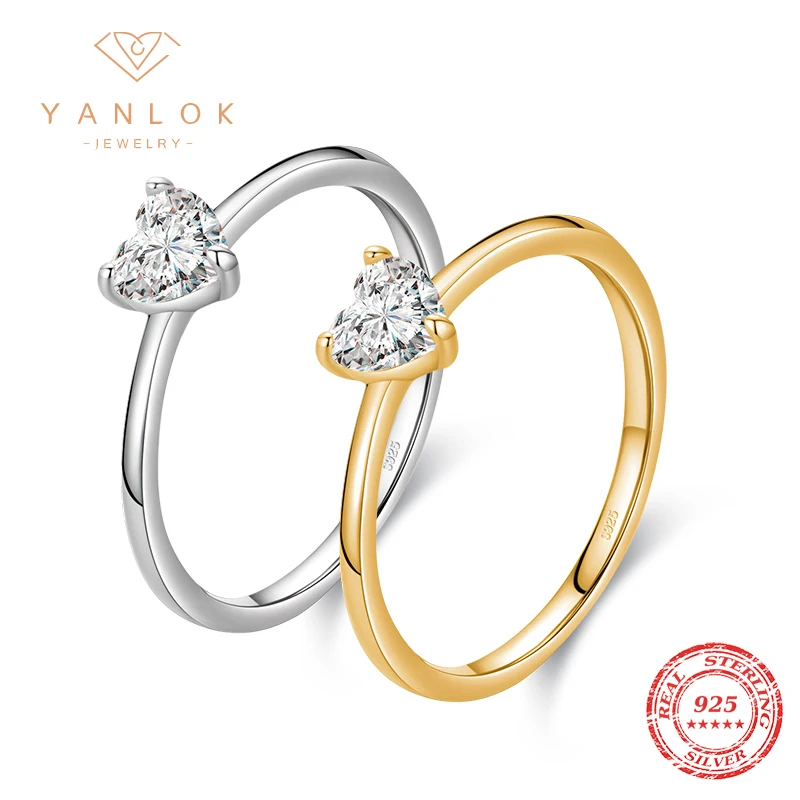 YANLOK Simple Heart Rings 100% 925 Sterling Silver Shining Clear CZ Finger Rings for Girl Women Statement Fine jewelry