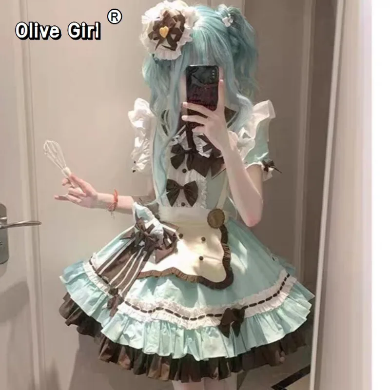 

Girl Clothing Lolita Dress Mint Chocolate Heart Cute Maid Sweet Wind Cake Short Light Lo Dress Lolita Cosplay Costumes