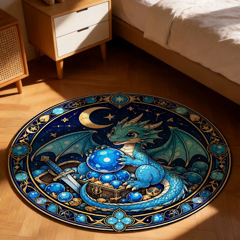 Mystical Dragon and Celestial Constellation Round Area Rug Bohemian Blue Magic Decor for Living Room Bedroom