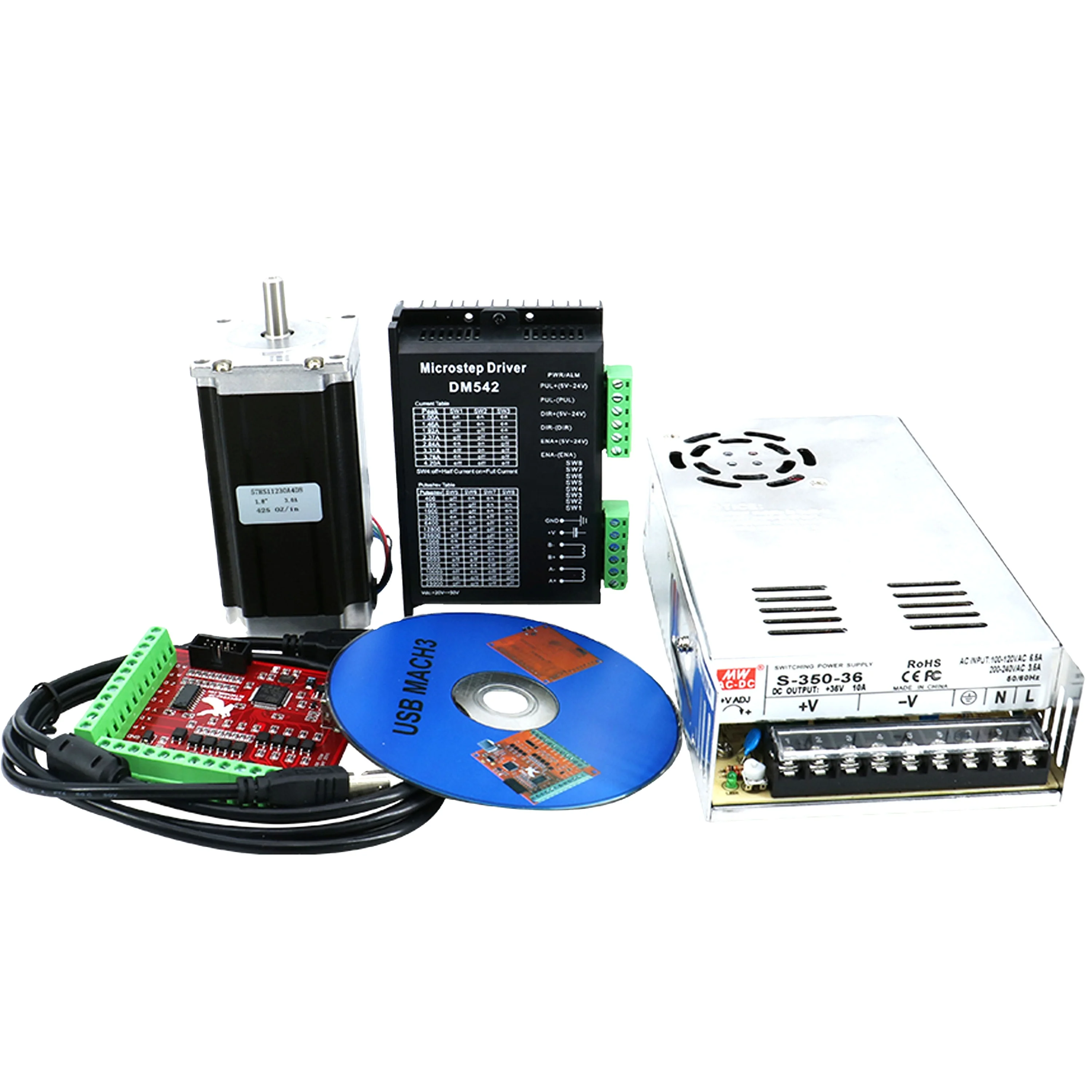 

HLTNC High Quality Stepper Motor Nema23 3Nm + Driver DM542 + Power Supply 350W 36V + Controller Board USB 4 Axis Set for CNC