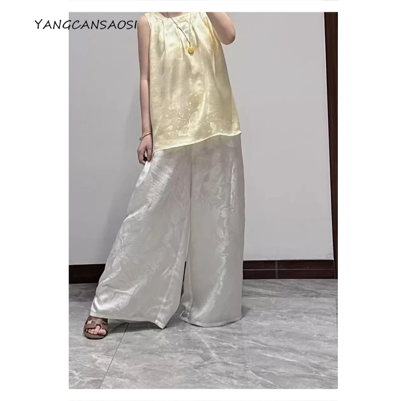 

Women's Fashion Clothing 100% Natural Mulberry Silk Jacquard Satin Off White Pocket Design High Waist Casual Wide Leg Pants