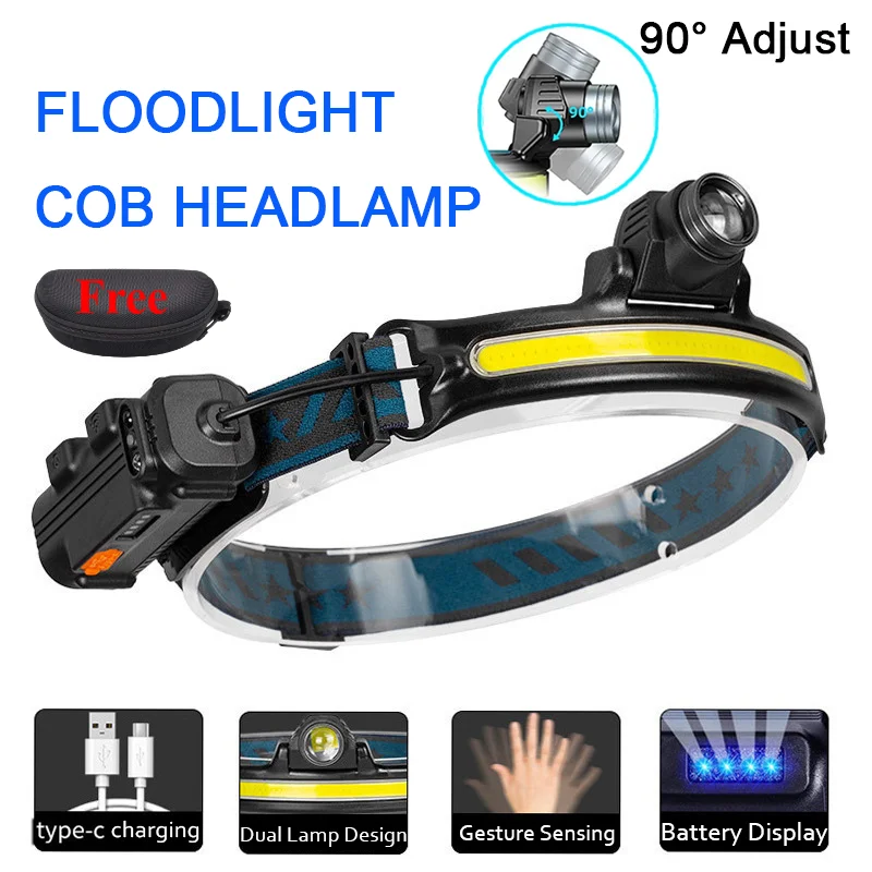 Powerful LED+COB Headlights USB Rechargeable Safety Warning Induction Flashlight Headlights Waterproof Running Lighting