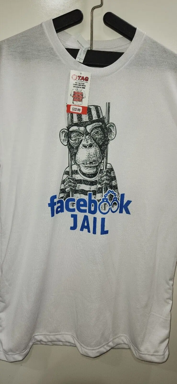 Facebook Jail T Shirt chipanzee prison white and blue Mens Large