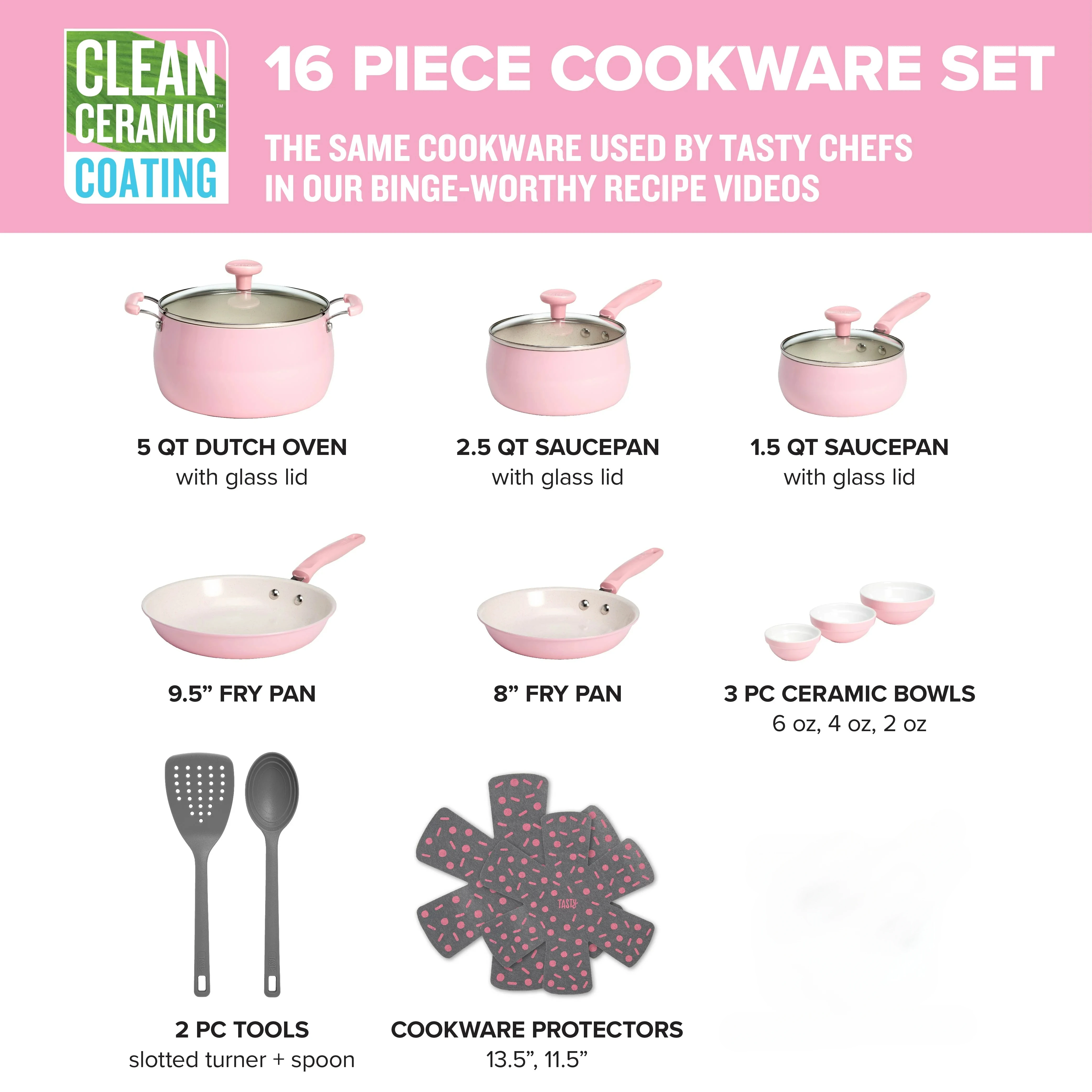 Clean Ceramic 16 Piece Non-Stick Aluminum Cookware Set, Pink