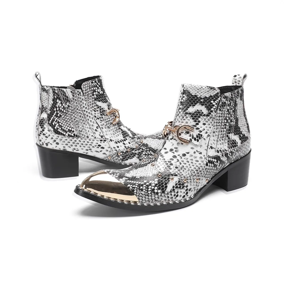 

Male Genuine Leather Ankle Boots Gray White Snake Skin Pattern Printed Chelsea Boots Metal Cap Toe Pointed Side Zipper Boots