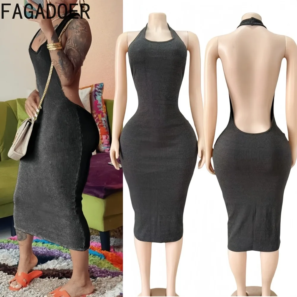 

FAGADOER Sexy Solid Color Bodycon Dresses for Woman Halter Deep V-neck Sleeveless Backless Dress Female Streetwear Vestidos New