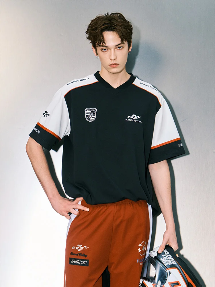 Cool Quick Dry T-Shirt Short Sleeve V-Neck Sports Unisex Racing Style Half Sleeve Shoulder Color Block Loose Fit Polyester Fiber