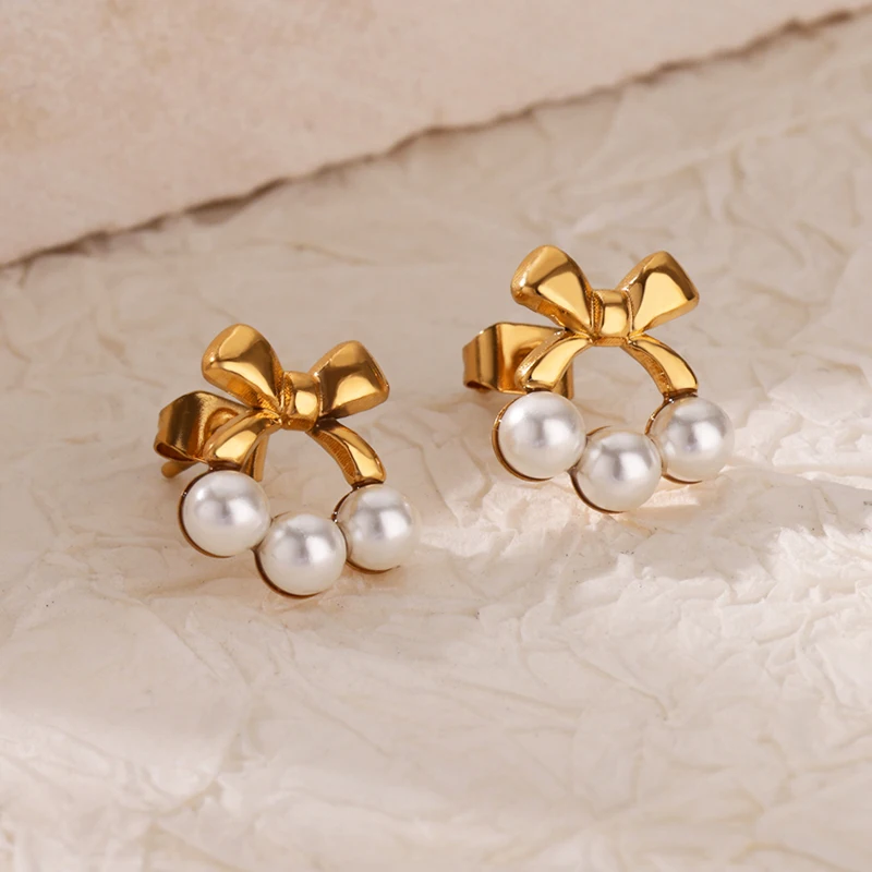 Imitation Pearl Bow Earrings for Women Stainless Steel Gold Color Geometric Cross Earrings Fashion Wedding Jewelry Christmas