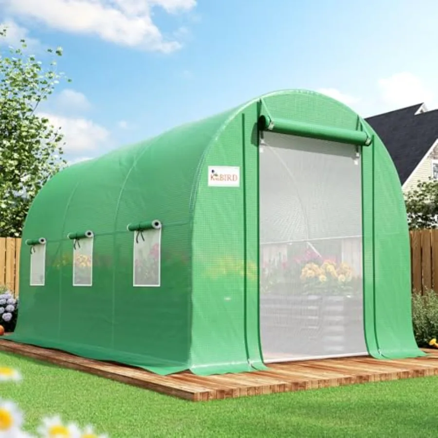 Outdoor greenhouse with galvanized steel frame, green color, 10x7x7FT size, rust-resistant and durable construction