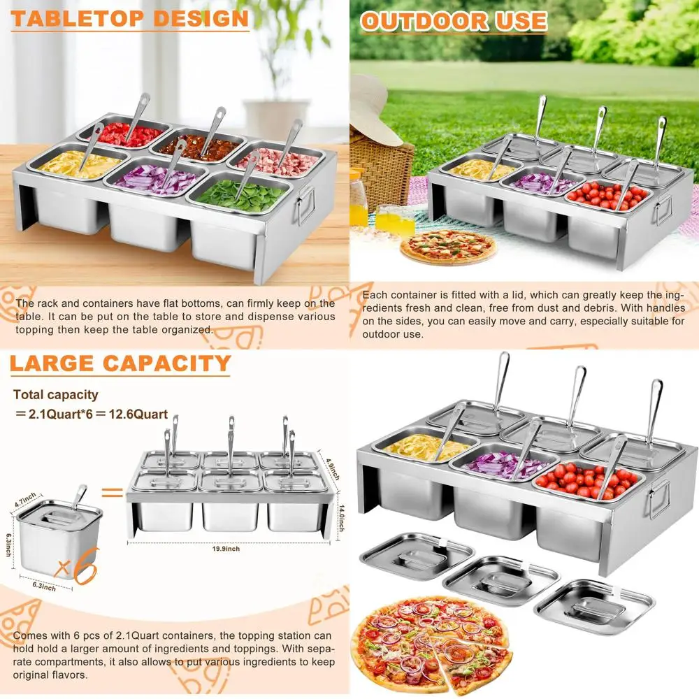 

6 контейнеров для ингредиентов для пиццы из нержавеющей стали с крышками и ложками, 6 лотков для ингредиентов, аксессуары для духовки