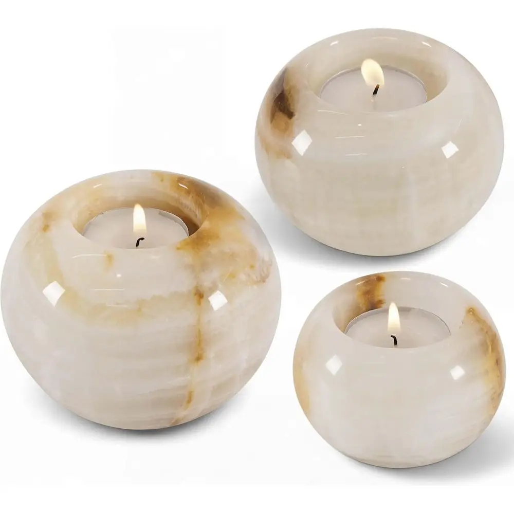 

Marble Tealight Candle Holder 4" Inch White Onyx Handmade Decorative Votive Candle Holder or Home Decor, Elegant Set o 3 Mini Ca