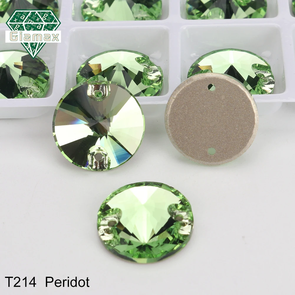 GIAMAX K9 Glass Rivoli Round Sew On Flatback Rhinestones Peridot Crystal Stones for Garment, Bag, Shoe DIY Embellishment