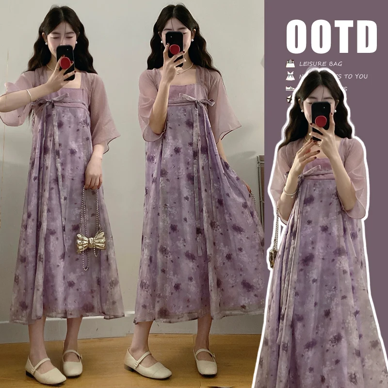 2026 Japanese Style Fashion Printing Pregnant Women's Chiffon Floral Dress Ruffled V-Neck Long Loose Maternity Pleated Dresses