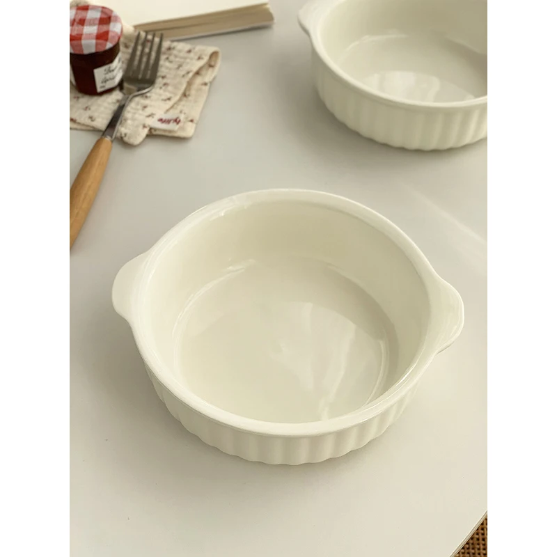 Household Ceramic Bowl Japanese Style Ins Simple Round Double Eared Tableware Dessert Fruit Salad Soup Bowls Kitchen Supplies