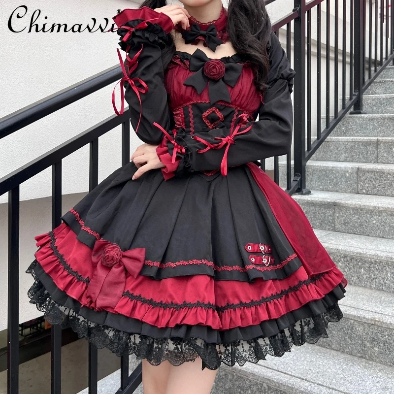 

Original Lolita New Spring and Autumn Rose Flower Bow Sweet Girl Princess Dress Women's Color Matching Elegant Jsk Dresses