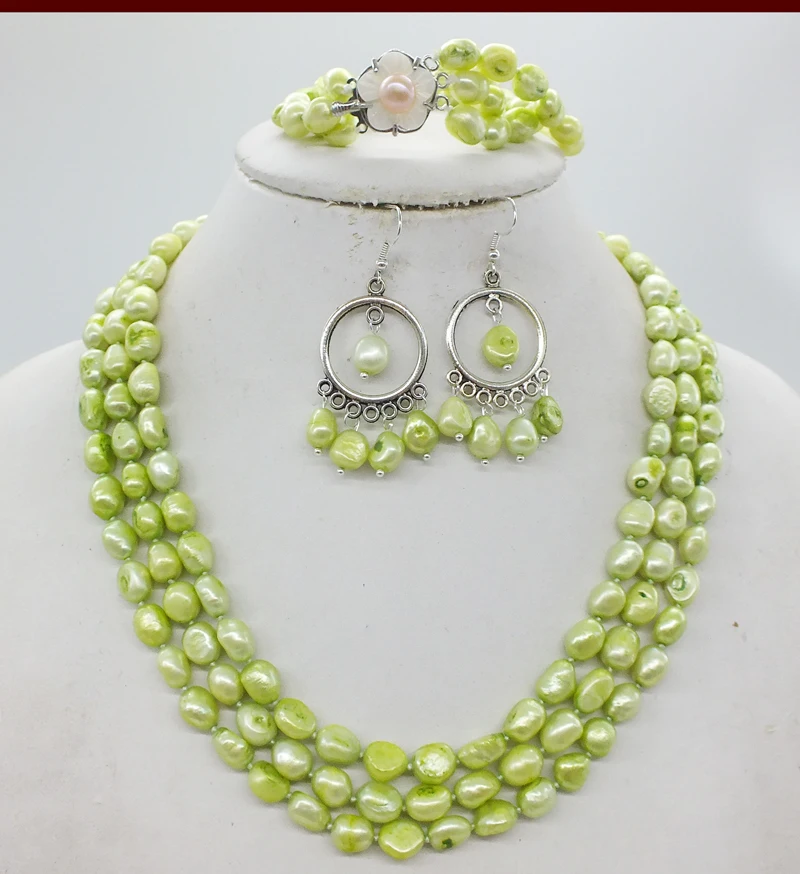 Fashion Charming 3 Row 8-9MM Baroque Freshwater Pearl Necklace Chain Floral Buttons Jewelery Women Girl Banquet Jewelry Set