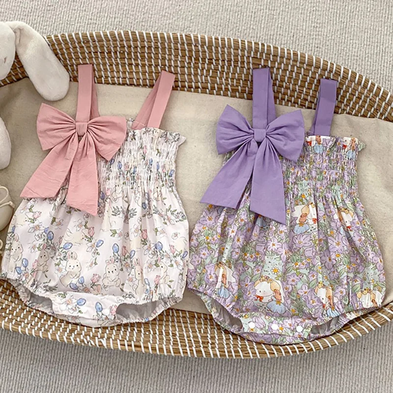 

2024 Summer Baby Clothes Sweet Bow Romper for Girls Floral Sleeveless Sling Jumpsuit Newborn Bodysuit Korea Toddle Infant Onesie