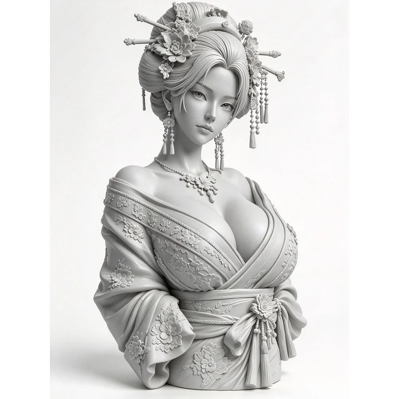 12cm Resin Japanese Style Woman Bust Statue Elegant Geisha Figurine Kimono Floral Hairpin Home Decor Art Gift