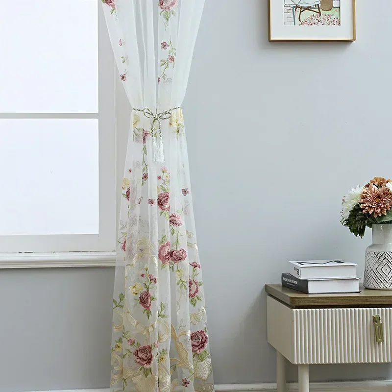 Embroidered Curtains for Living Dining Room Bedroom 1PC Rose Flower Tulle  Semi-Blackout Yarn Sheer Transparent Window Customize