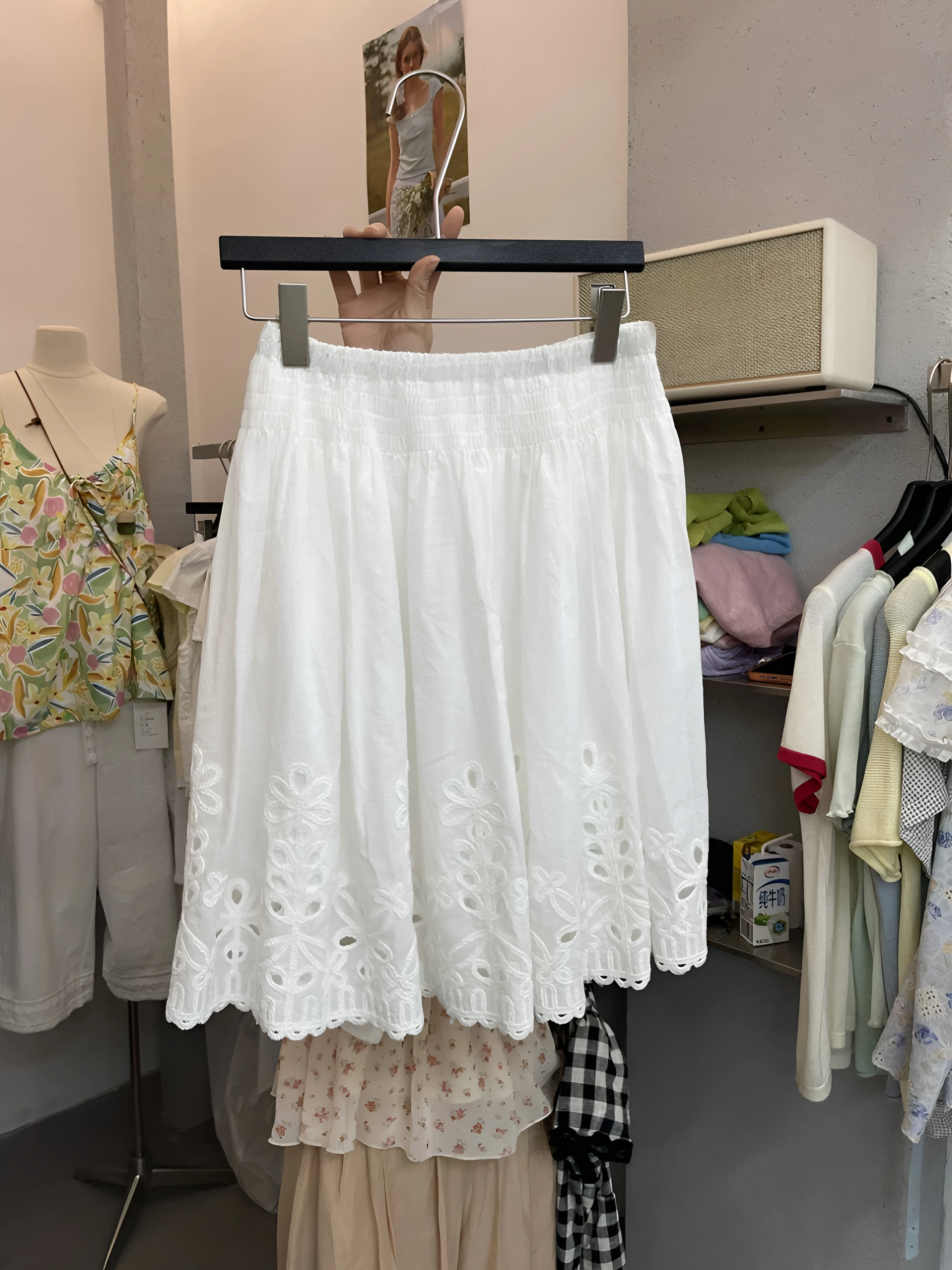 Summer 2026 Sweet Heavy Embroidery High Waist Net Color Half Skirt Korean Style A-Line Skirt Non-Stretch Hollow out Design