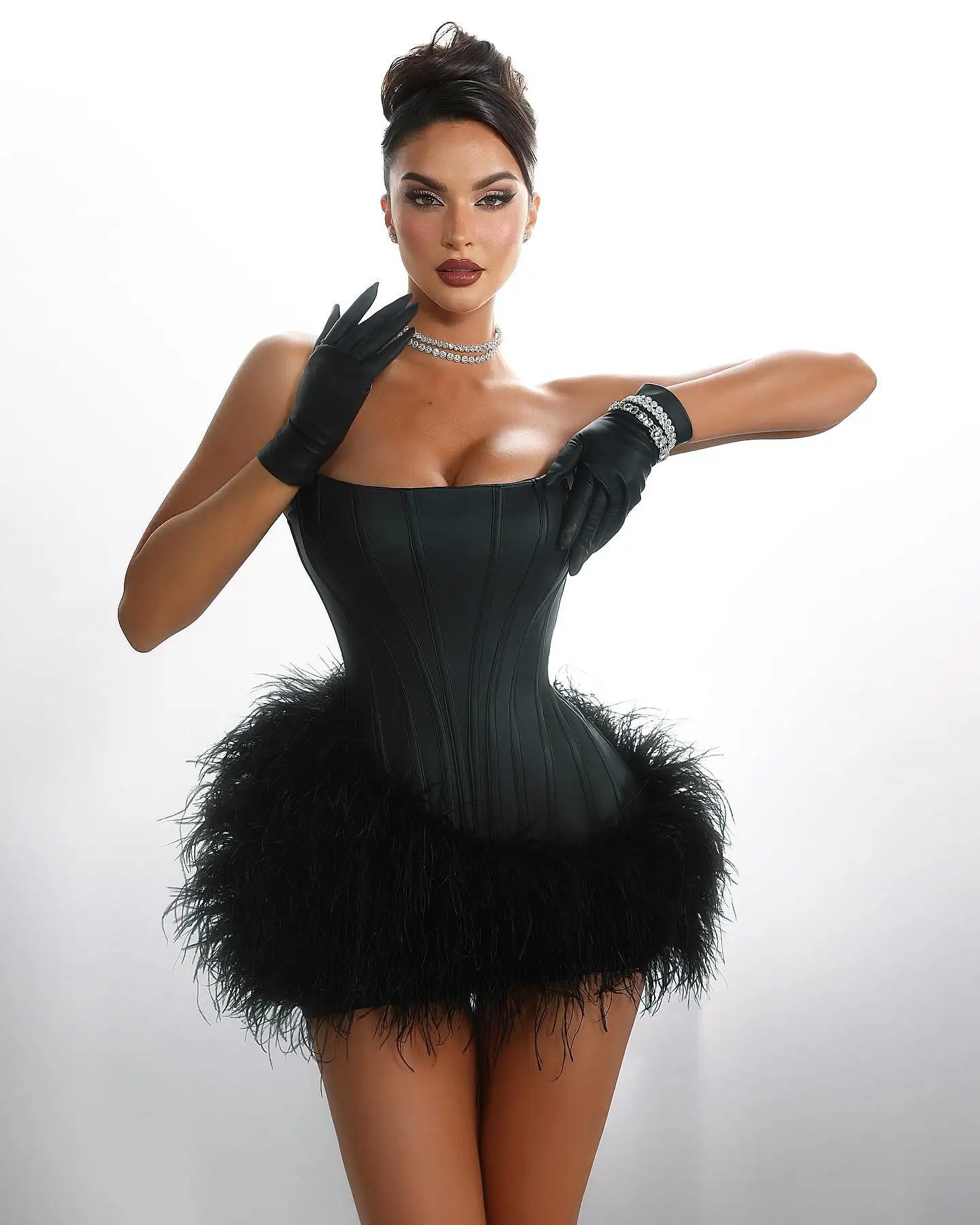 Sexy Black Feather Sheath Mini Maxi Dresses For Women Fashion Short Dresses With A Corset Bustier Bithday Party Dress