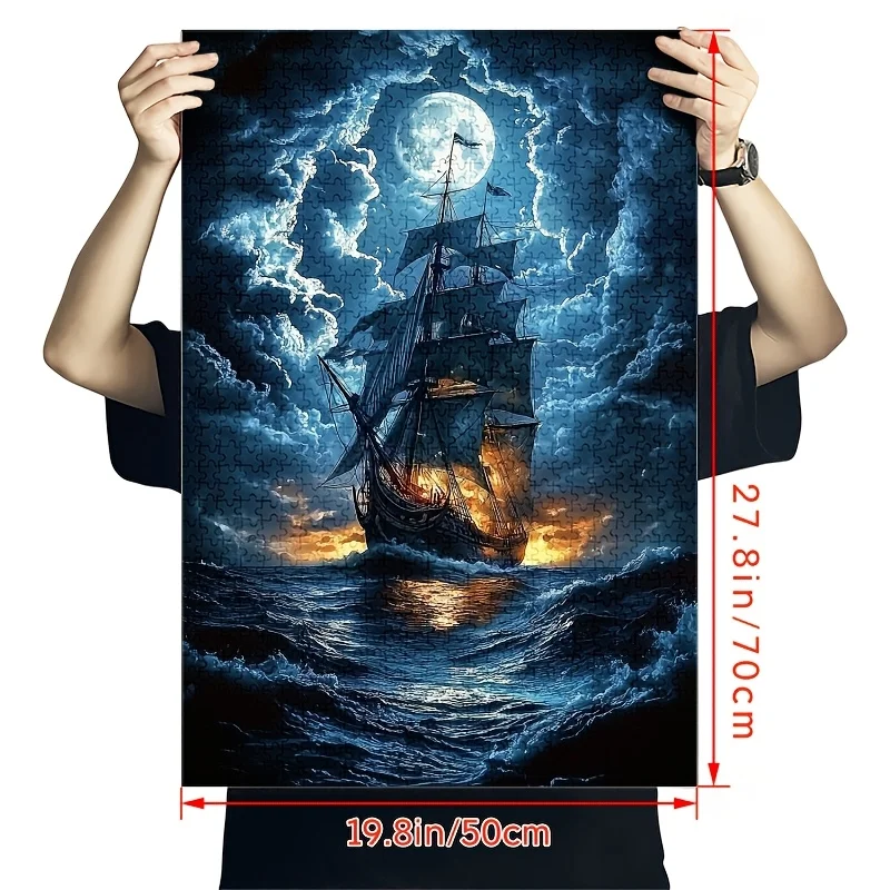 1000pcs Moonlit Sailboat Puzzle, Cardboard Material, Brain Teaser DIY Home Decor, Interactive Family Game, for Adults, Ages 14