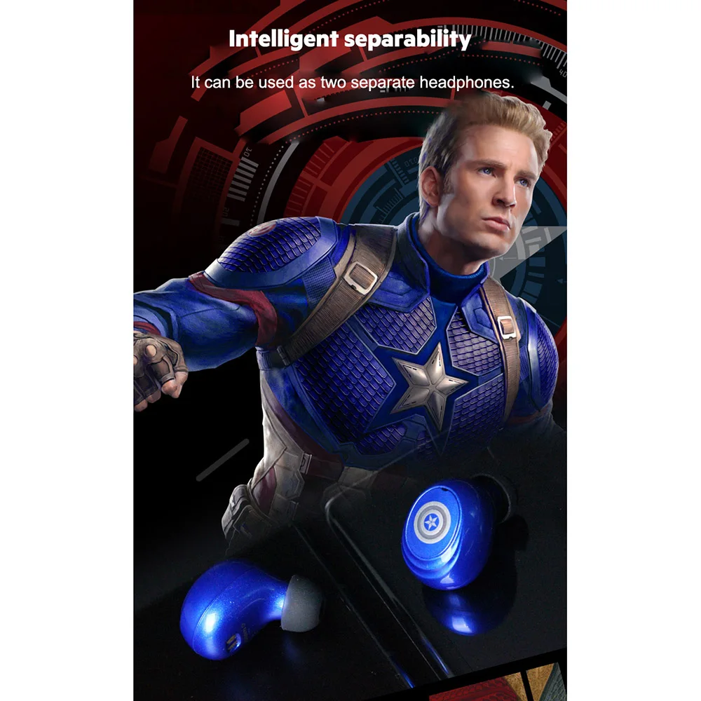 Imagem -04 - Marvel Certificado Bluetooth V5.0 Fones de Ouvido Homem Ferro Tws Estéreo sem Fio Suporte Ligando Dois do Telefone Móvel Capitão América