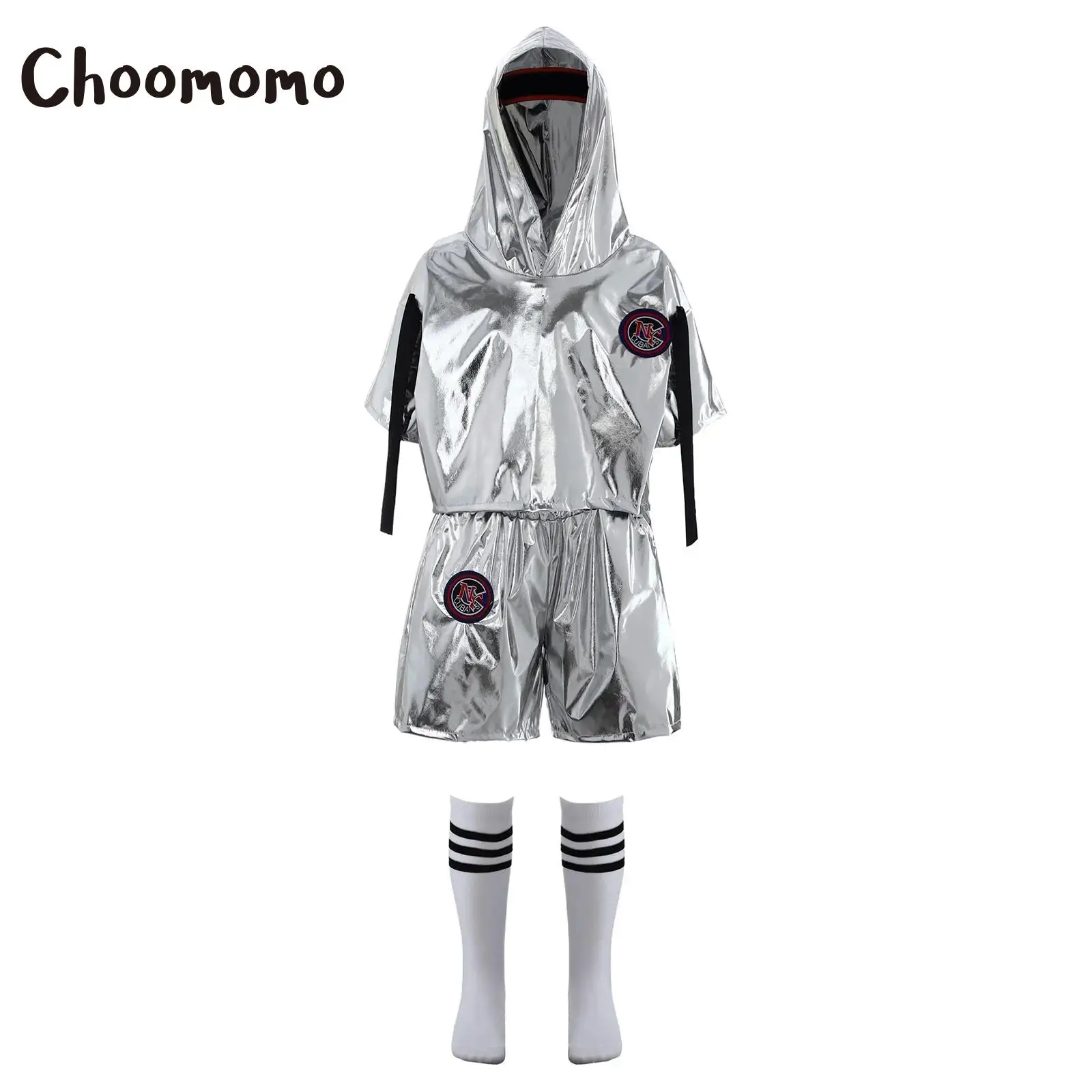

Boys Girls Street Hip Hop Modern Jazz Dance Outfit Metallic Shiny Hooded Pullover Top with Shorts Suits Sock Skateboard Costumes