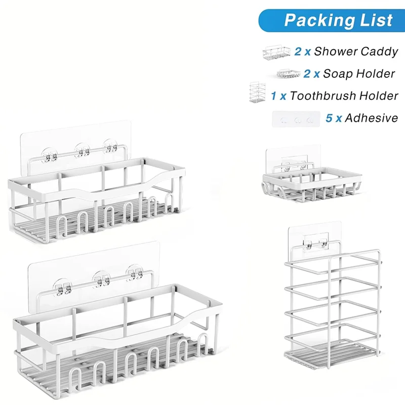 A98E-Drill-Free Adhesive Bathroom Organizer Large-Capacity Storage Rack 5-Pack Of Rust-Resistant Stainless Steel Shower Racks