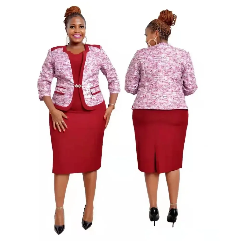 

2 Piece Set African Office Lady Dresses for Women Coat and Dress Autumn Winter New Bazin Riche Traditional Africa Clothing 2024