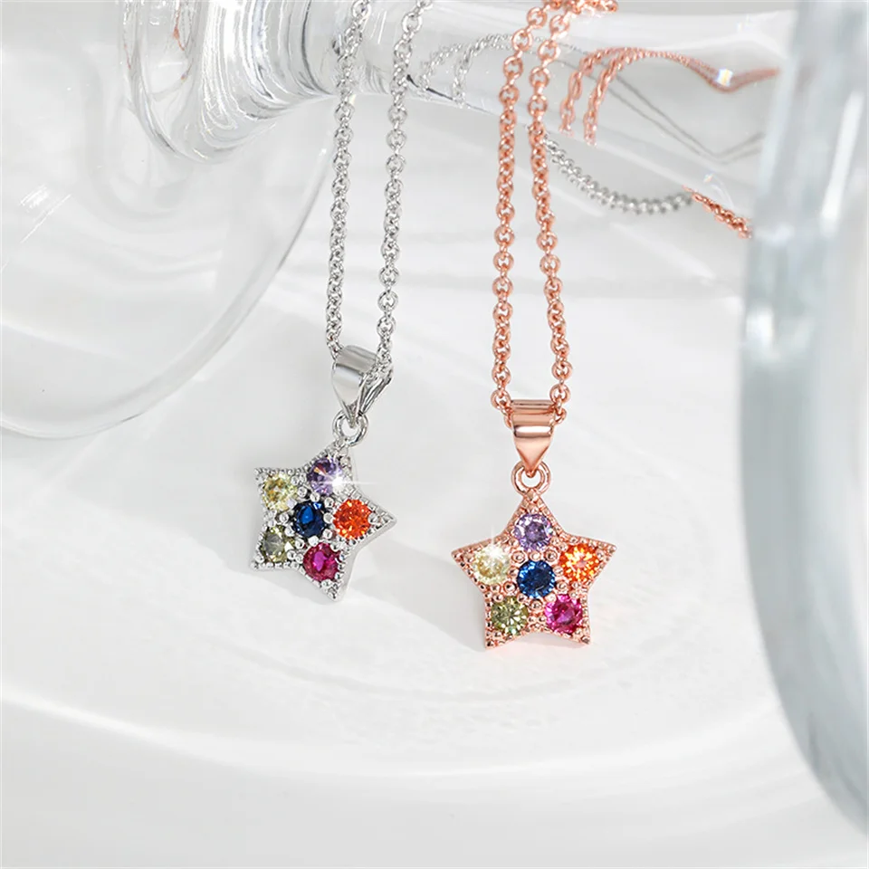 

Star Diamond Necklace Bohemian Style Colorful Stainless Steel Necklace Cat's Eye Five-pointed Star Necklace Pendant Jewelry Gift