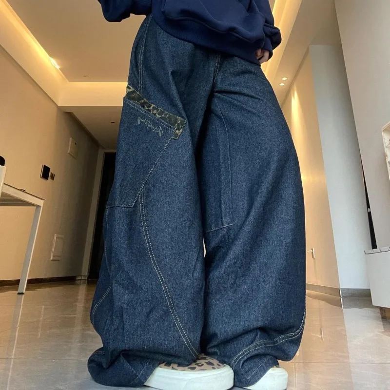 

2025 American fashion large pocket loose wide leg jeans for women's autumn new blue casual floor pants female clothing