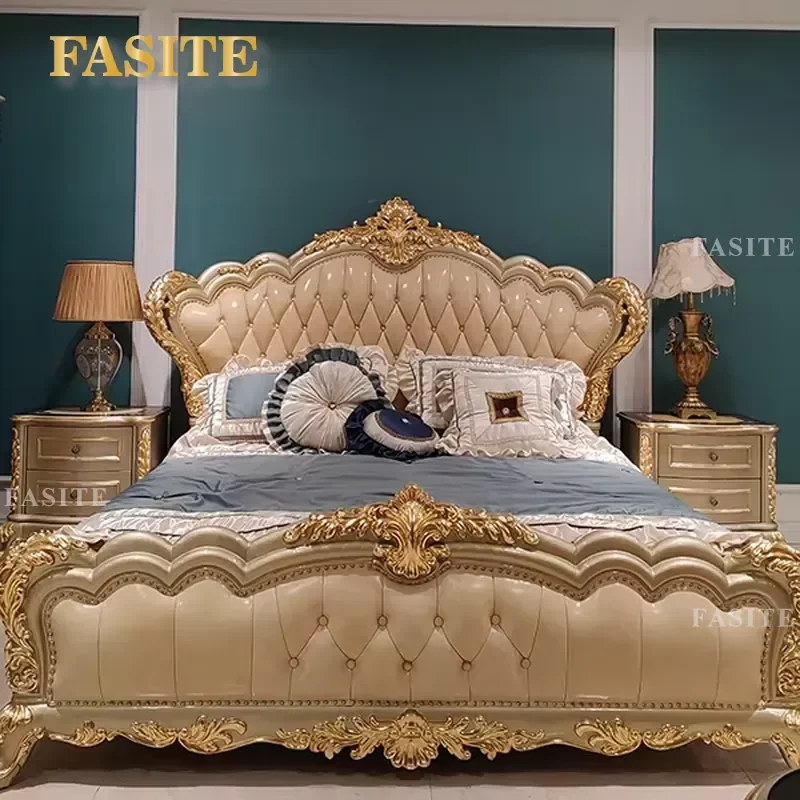 For Bedroom French Luxury Classic Royal Carved Solid Wood Genuine Leather Double Bed Set High End Furniture
