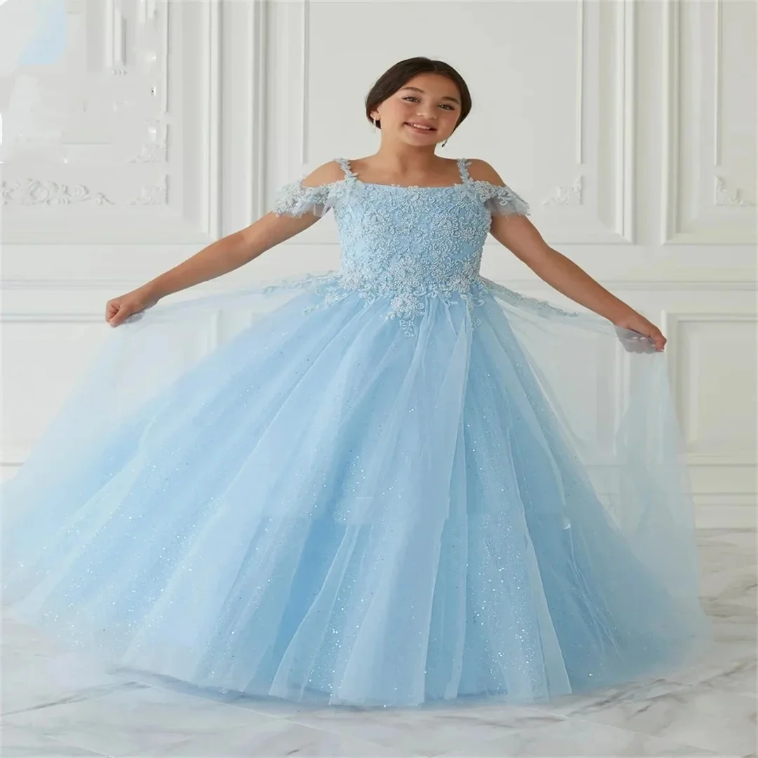 Blue Spaghetti Strap Flower Girl Dress Sparkling Beauty Pageant Ball Party Custom Princess Flower Girl Dress Celebration