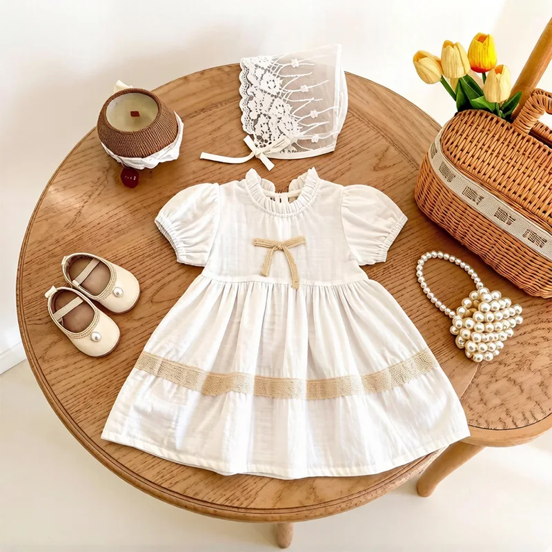 

2026 Summer New Children Short Sleeve Dress Cotton Girls Cute Lace Collar Bow Dress Baby Girl Princess Dress Kids Clothes