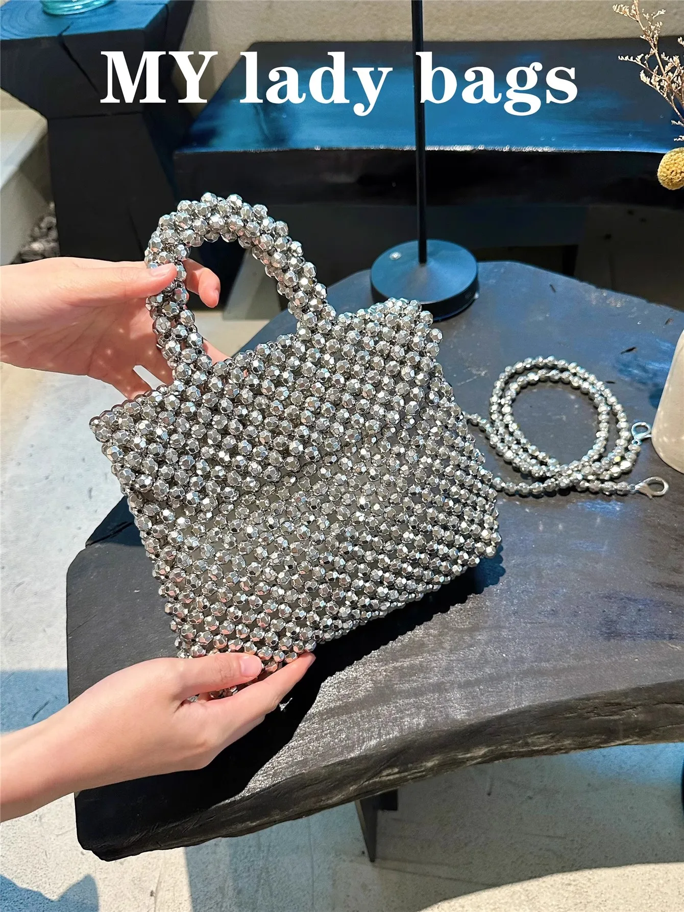 

Glitter Shiny Silver Beads Beaded Square Bag Beads Beading Hollow Out Women Handbag Fashion Clutch Purse Shoulder Crossbody Bag