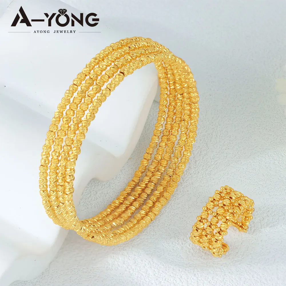 Dubai Fashion Multi Layer Beads Jewelry Set 24k Gold Plated Arabic Muslim Bridal Cuff Bangles Ring Saudi Women Wedding Jewelrys