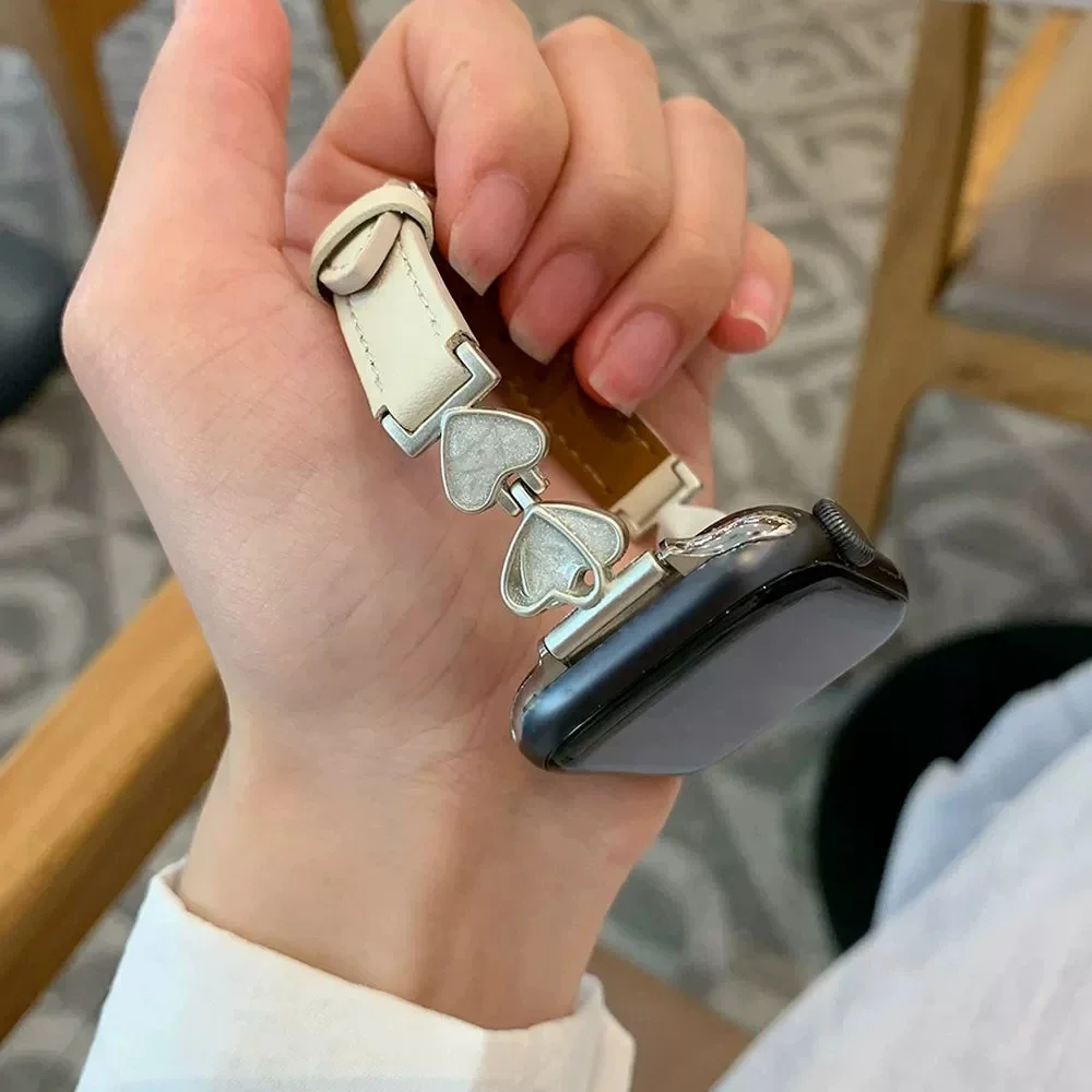 Отличная кожаная петля в форме сердца для Apple Watch, женский ремешок 10/9/8/7/6/5/4/3 SE, 38 мм, 40 мм, 41 мм, 42 мм, 44 мм, 45 мм, 46 мм, 49 мм, ремешок
