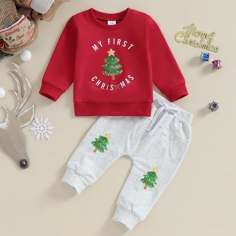 

Baby Xmas Clothes Set Tree Letters Print Long Sleeve Crew Neck Sweatshirt with Sweatpants Christmas Outfit for Girls Boys