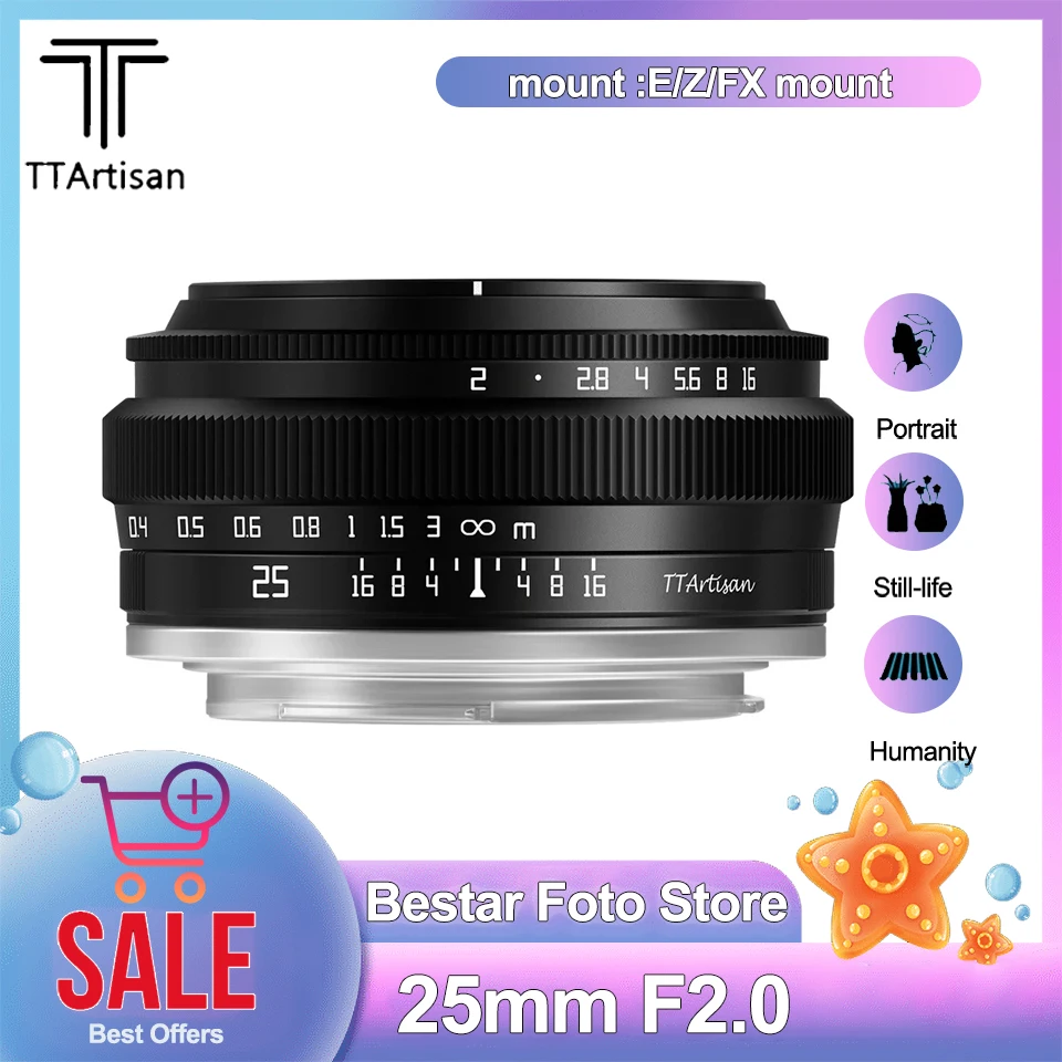 TTartisan 25mm F2 APS-C Portable MF Portrait Canon EOS Lens for Canon RF/Sony E/Nikon Z/Fuji XF/M43/L Mount